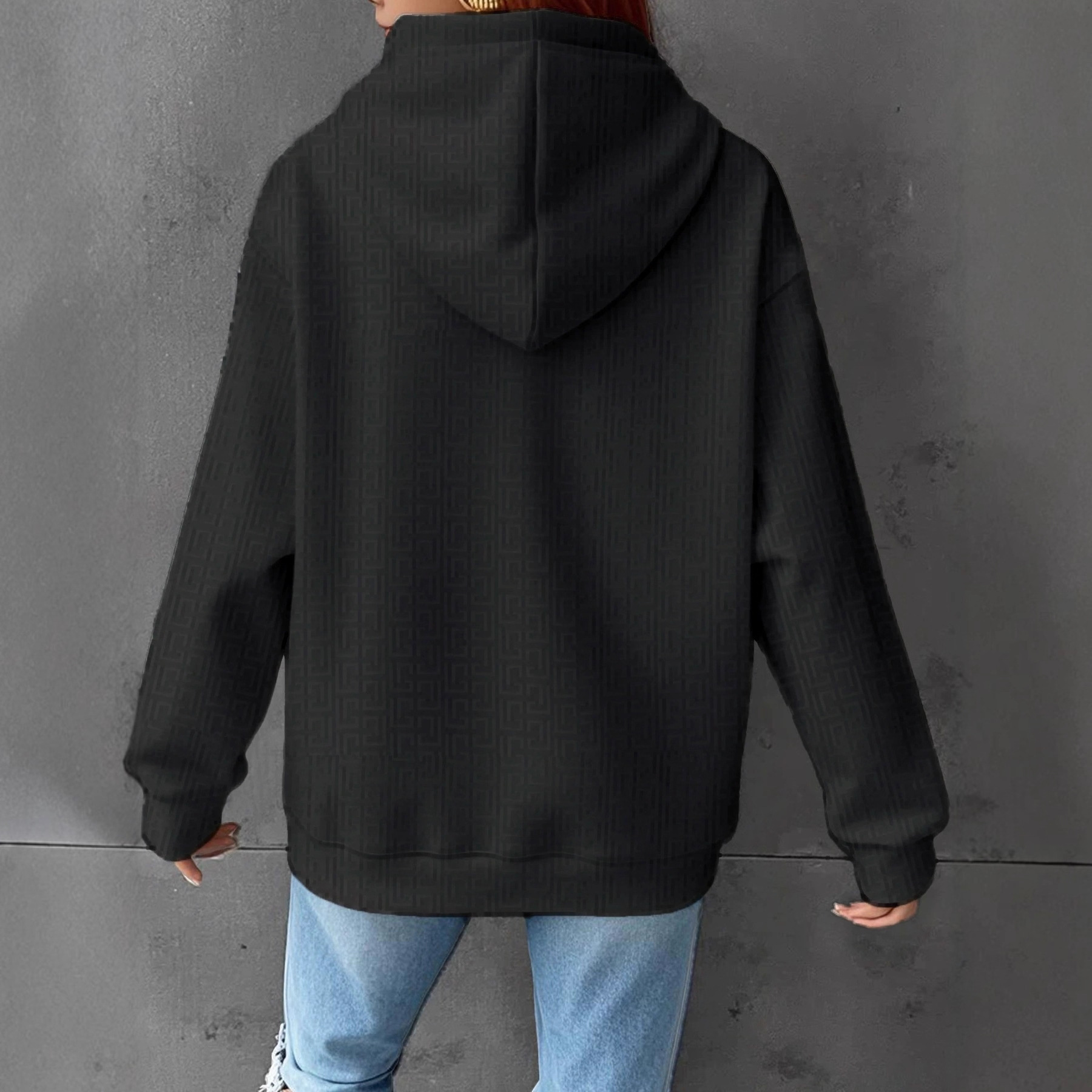 Solid Black Drawstring Hooded Raglan Long-Sleeve Sweatshirt