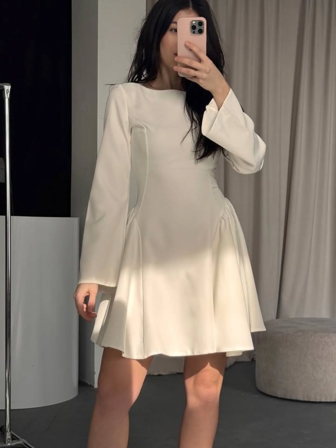 Elegant Long-Sleeve Short Dress with Boat Neck