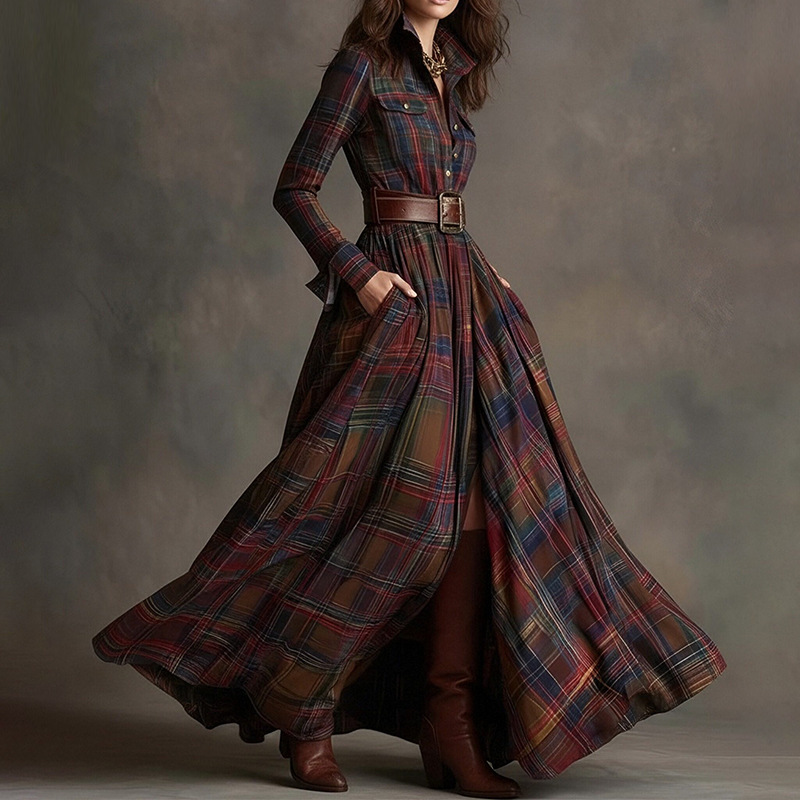 Women's Retro Plaid A-Line Long Sleeve Midi Dress with Irregular Hem