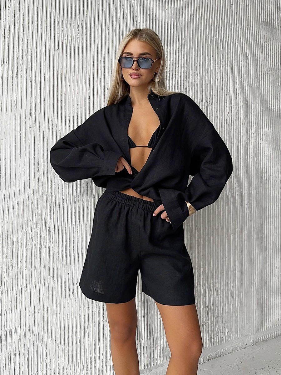 Long Sleeve Button Cardigan and Shorts Set Solid Color Casual