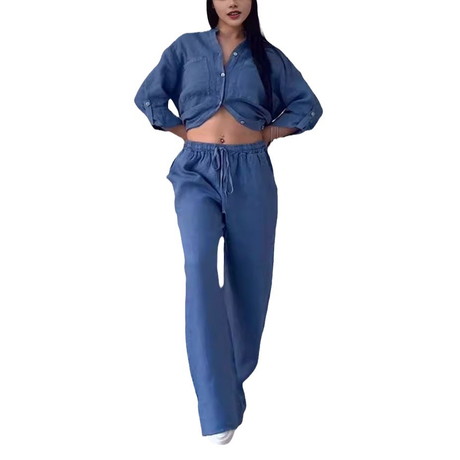 Cotton-Linen Solid Shirt & Drawstring Wide-Leg Pants Set