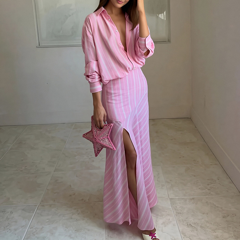 Women's Striped Long-Sleeve Shirt and Skirt Set