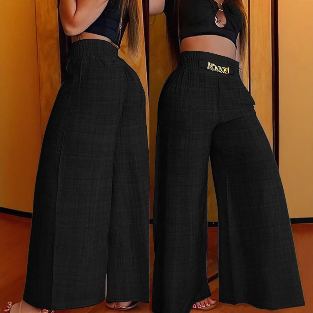 Women's High-Waist Wide-Leg Pants with Elastic Waist and Chain Detail