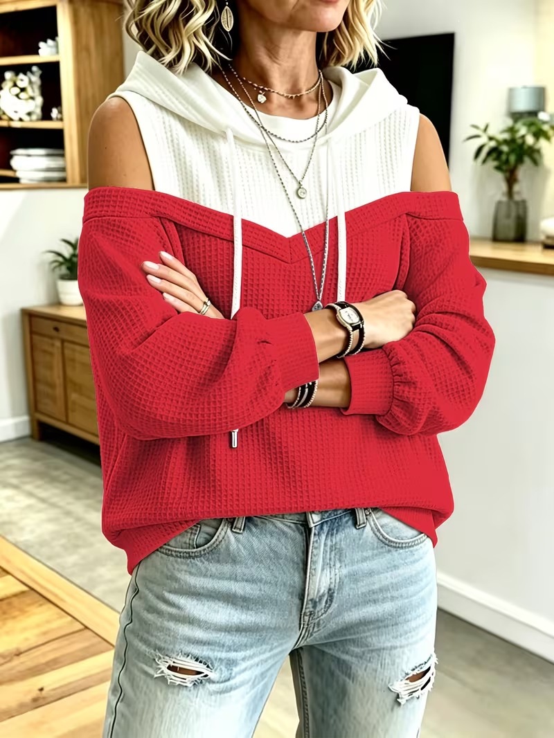 Waffle Colorblock Cold-Shoulder Hoodie Casual Loose Women's Top