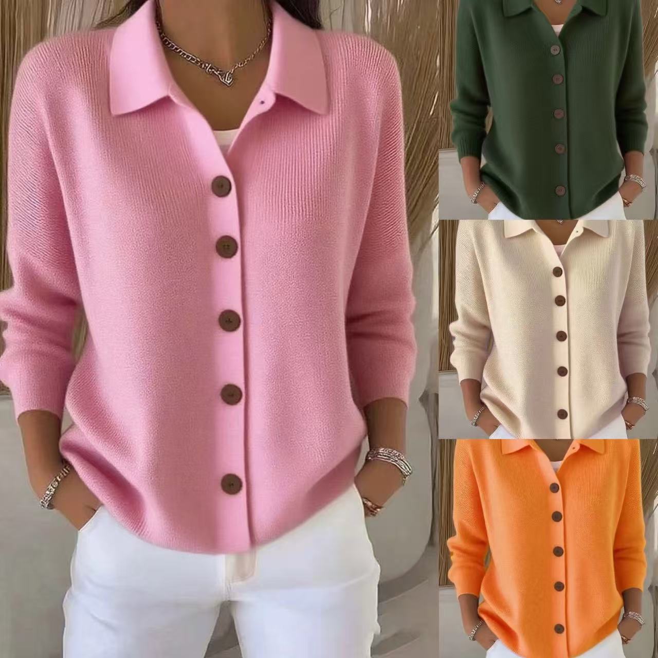 Button-Front Knit Collared Cardigan Sweater