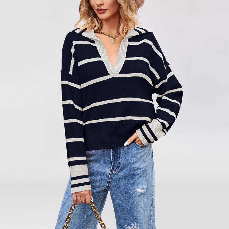 Striped Colorblock Knit Sweater with Collar Loose Plus Size