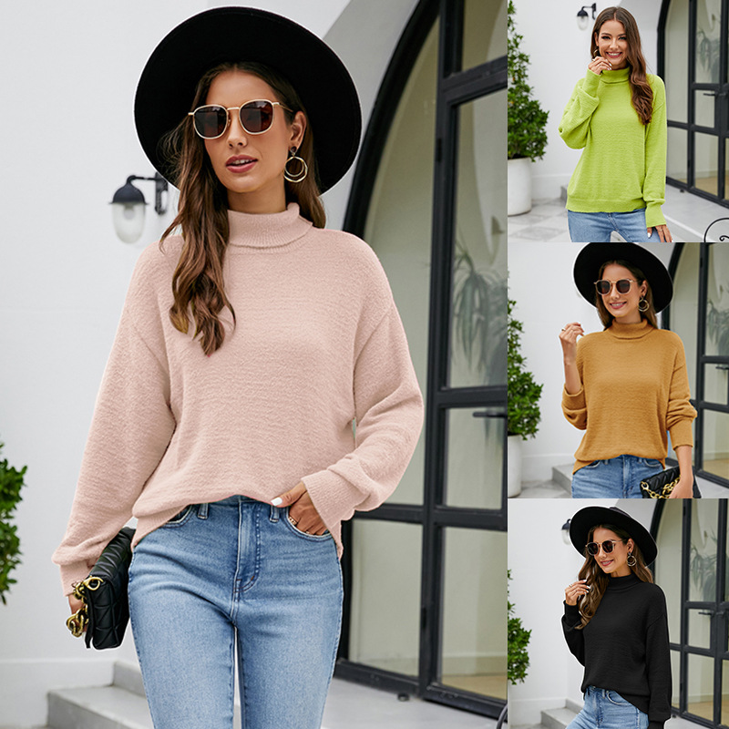 Women's High Neck Knit Sweater Solid Color Long Sleeve Pullover