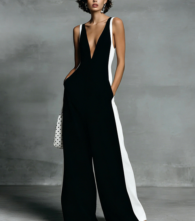 Women's Black and White Cotton-Linen Colorblock Spaghetti Strap Jumpsuit