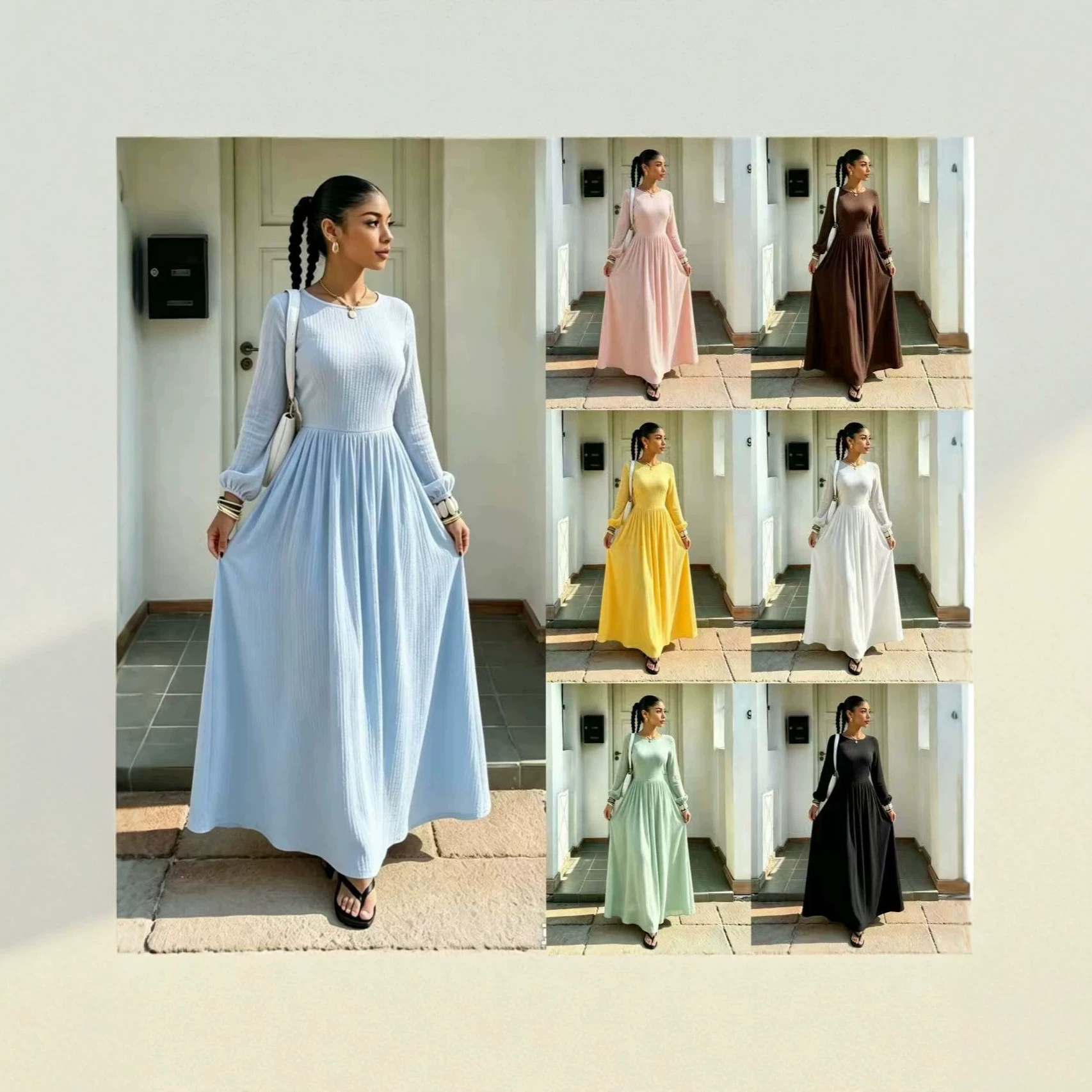 French-Style Fitted A-Line Long-Sleeve Dress with Round Neck and Cinched Waist