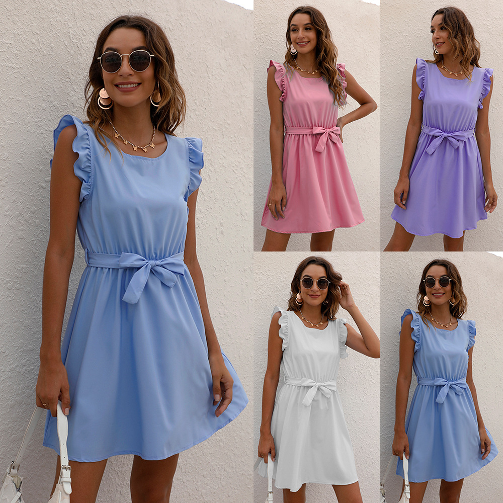 Women's Summer Solid Color Round Neck Tie-Waist Dress