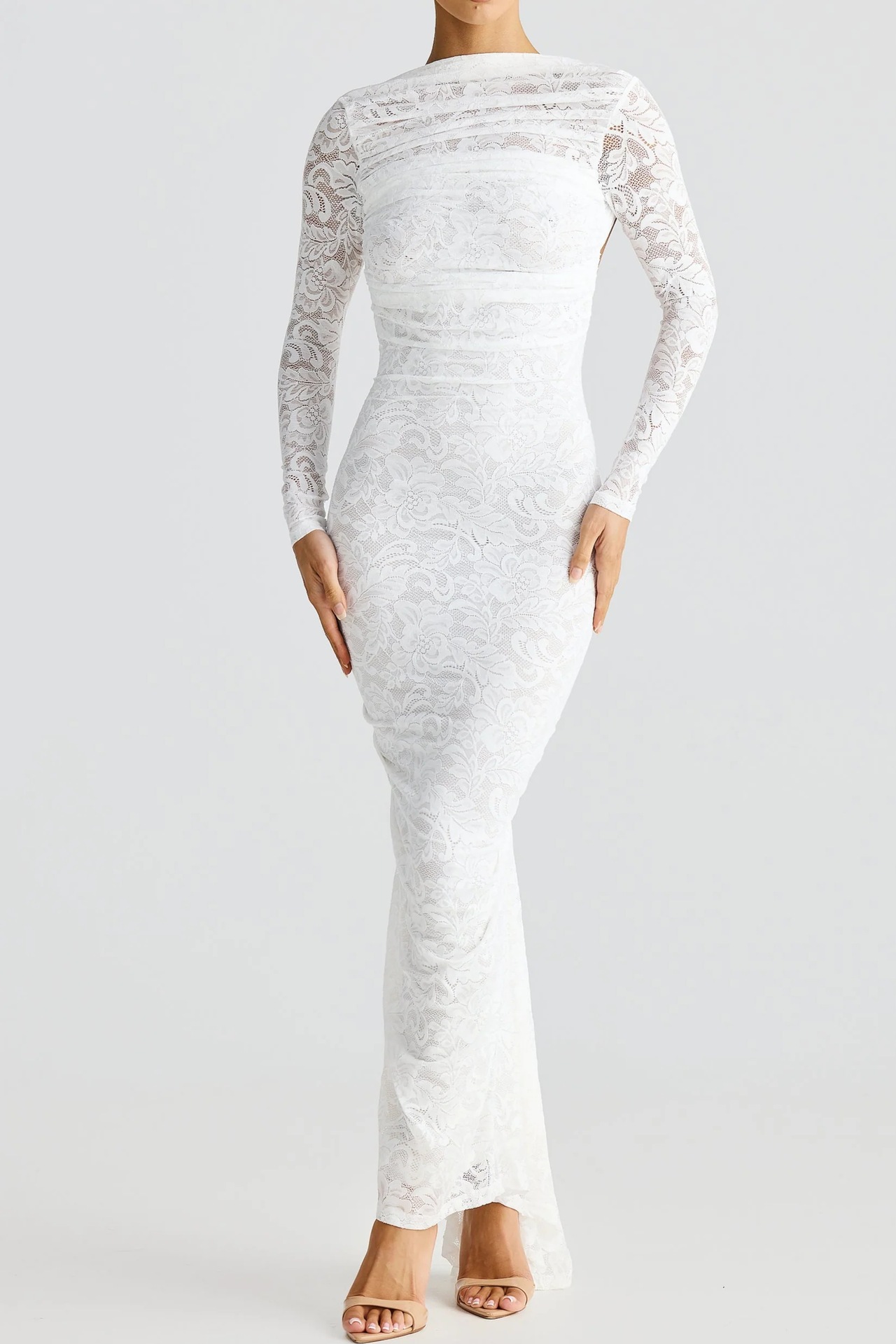 Sheer Lace Long Sleeve Open Back Bodycon Maxi Dress