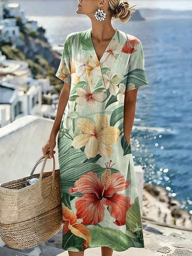 Women's Floral Print Ruched Midi Dress Sleeveless Deep V-Neck Bodycon