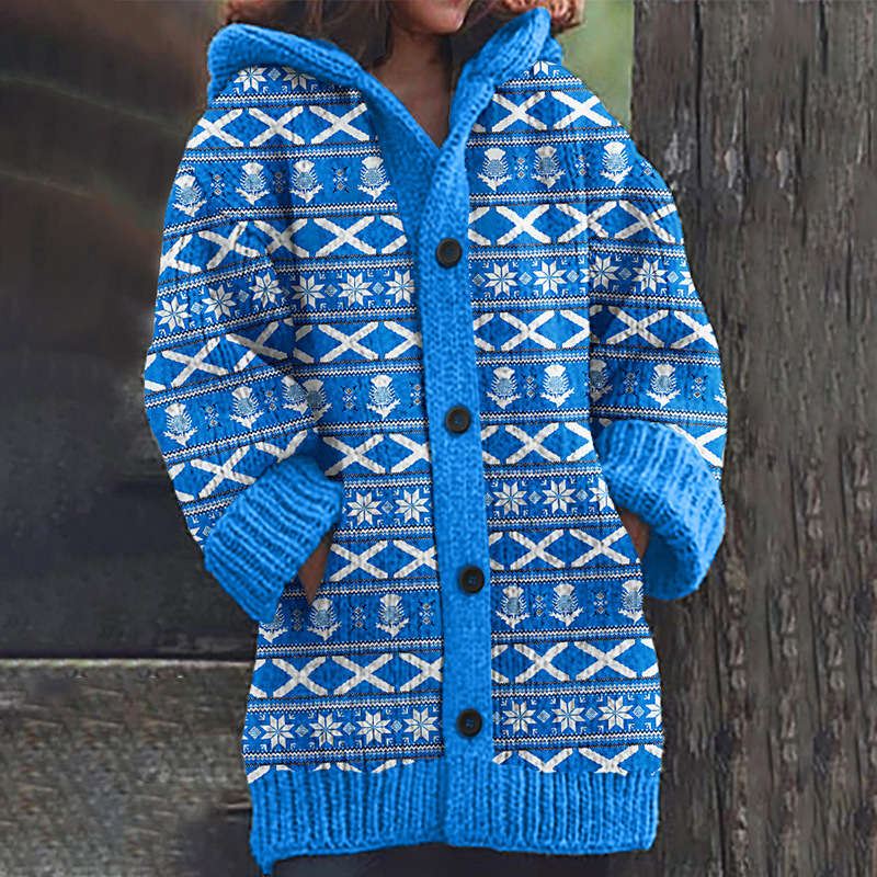 Women's Boho Print Hooded Button Cardigan Sweater