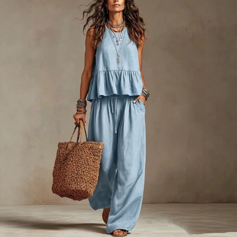 Women's Cotton-Linen Ruffle Sleeveless Wide-Leg Pants Set