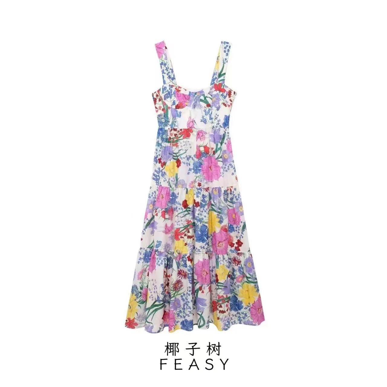 Women's Floral Print Square Neck Sleeveless A-Line Midi Dress