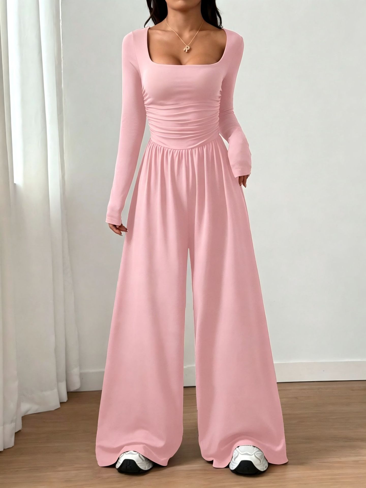 Women's Long Sleeve Square Neck Wide Leg Jumpsuit Solid Color Slimming
