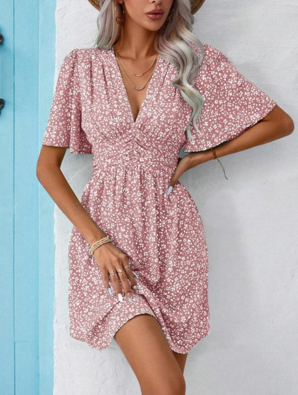 Deep V-Neck Ruffle Sleeve Smocked Floral A-Line Midi Dress