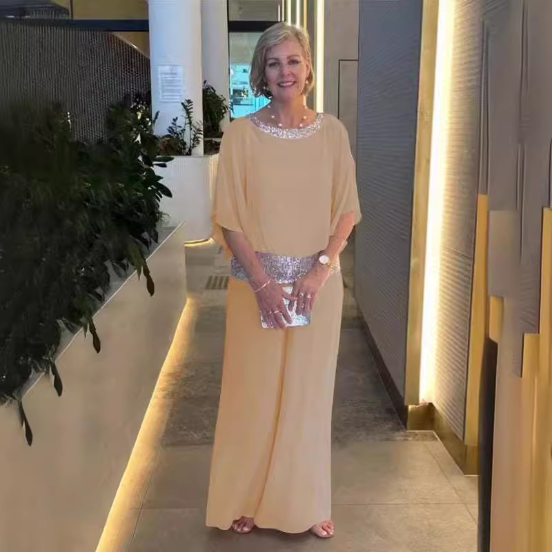 Sequin Colorblock Batwing Sleeve Top & Wide-Leg Pants Set