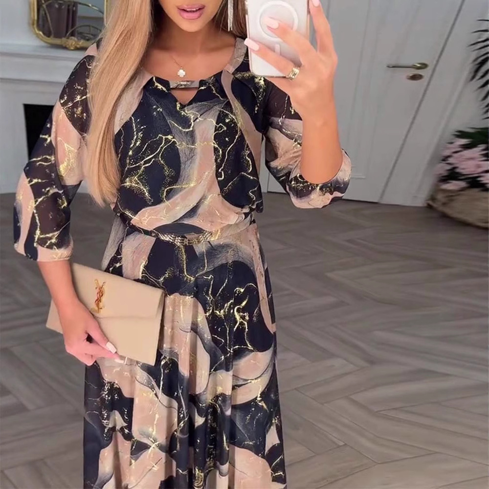 Elegant Floral Print Seven-Sleeve Waist-Cinched Dress