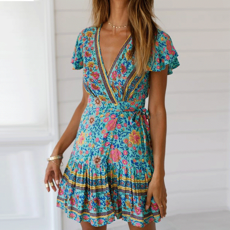 V-Neck Boho Print Short Dress Short Sleeve High Waist