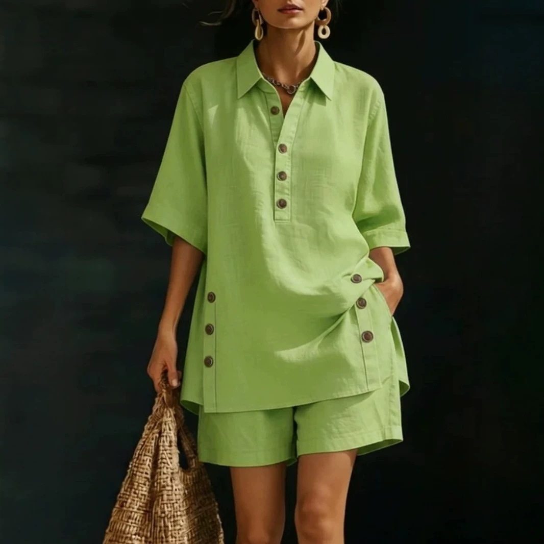 Women's Short Sleeve Button Shirt and Loose Pants Solid Color Two-Piece Set