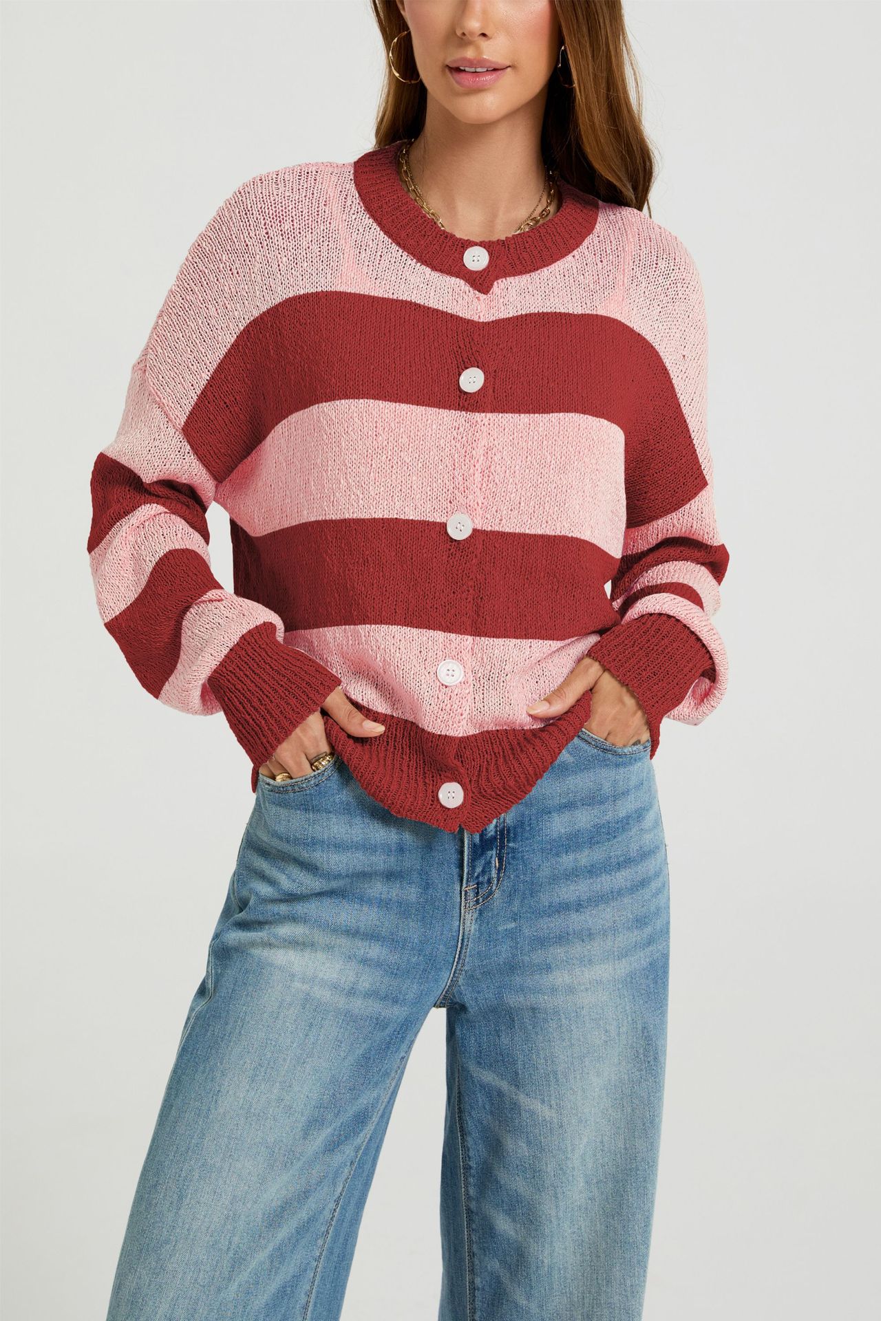 Striped Round Neck Cardigan Sweater Loose Fit Colorblock Knit Top