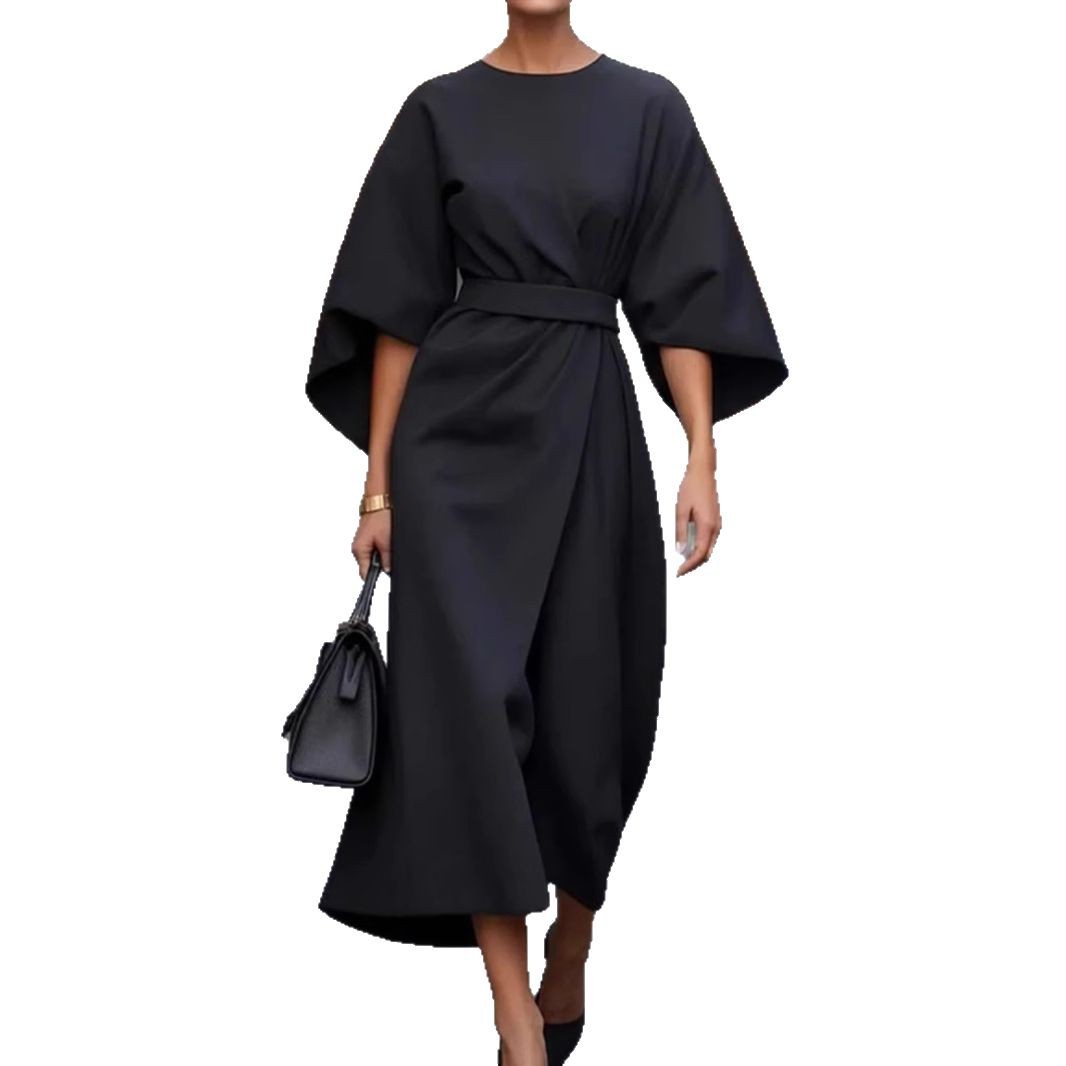 Women's Elegant Solid Color Waist-Cinched Batwing Sleeve Long Dress