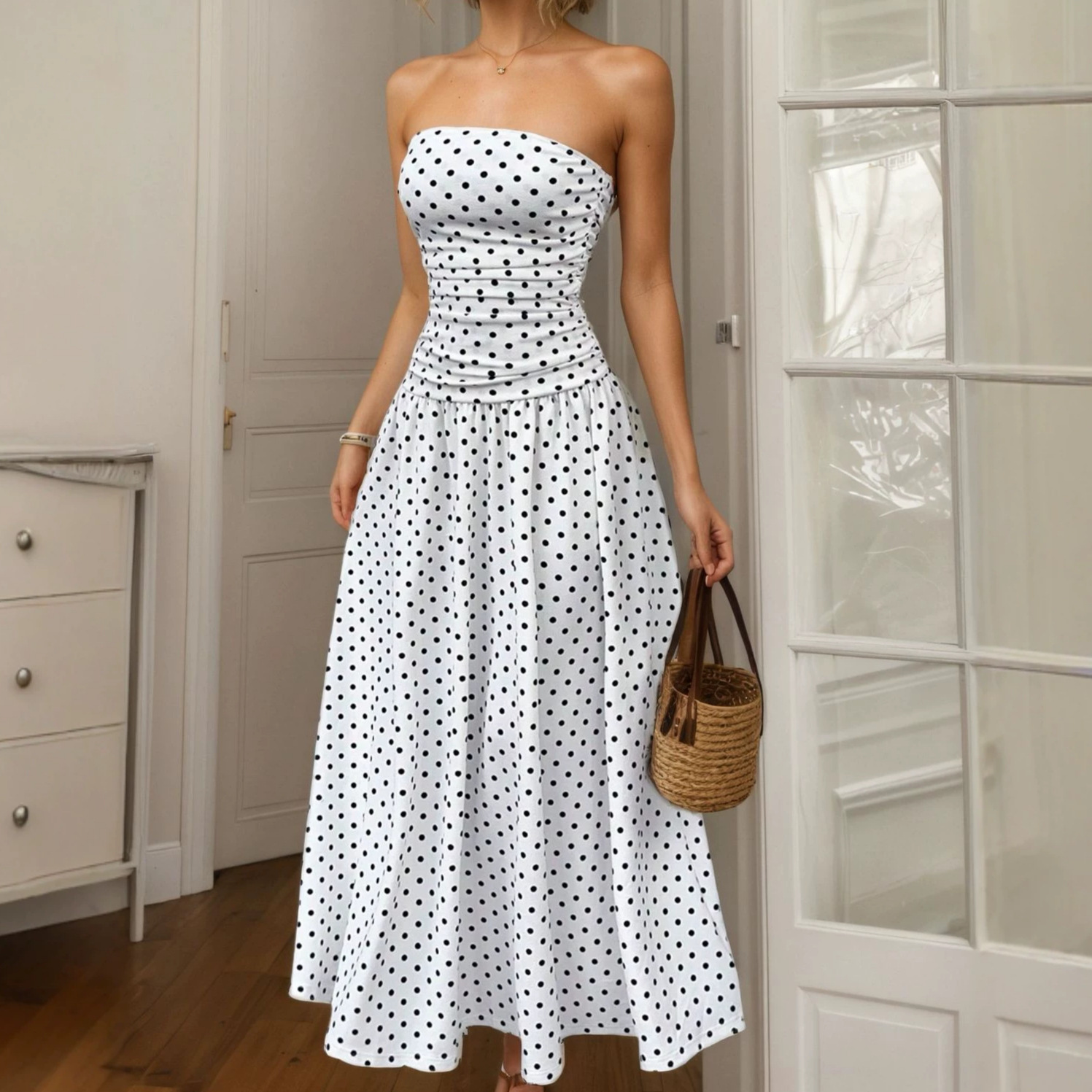 Polka Dot Halter Neck Bodycon A-Line Maxi Dress