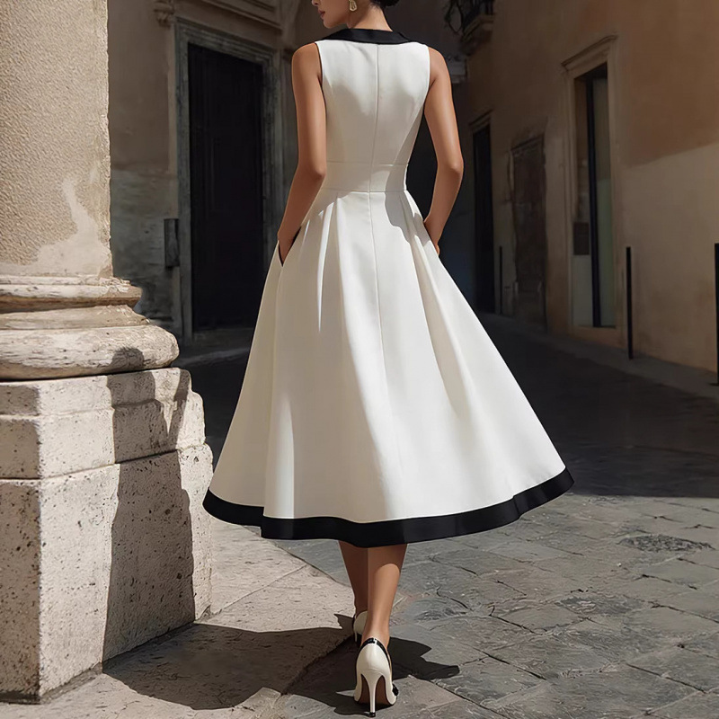 Color-Block V-Neck Sleeveless Midi Dress