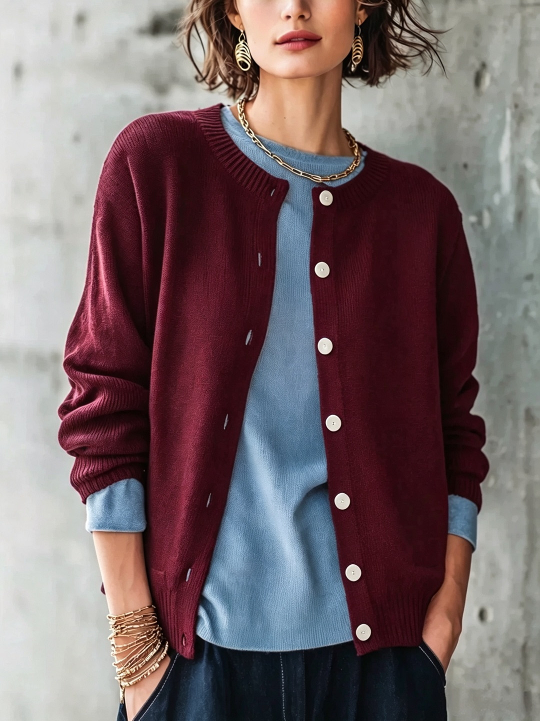 Women's Solid Crewneck Knit Cardigan Long Sleeve Button Casual Sweater Coat