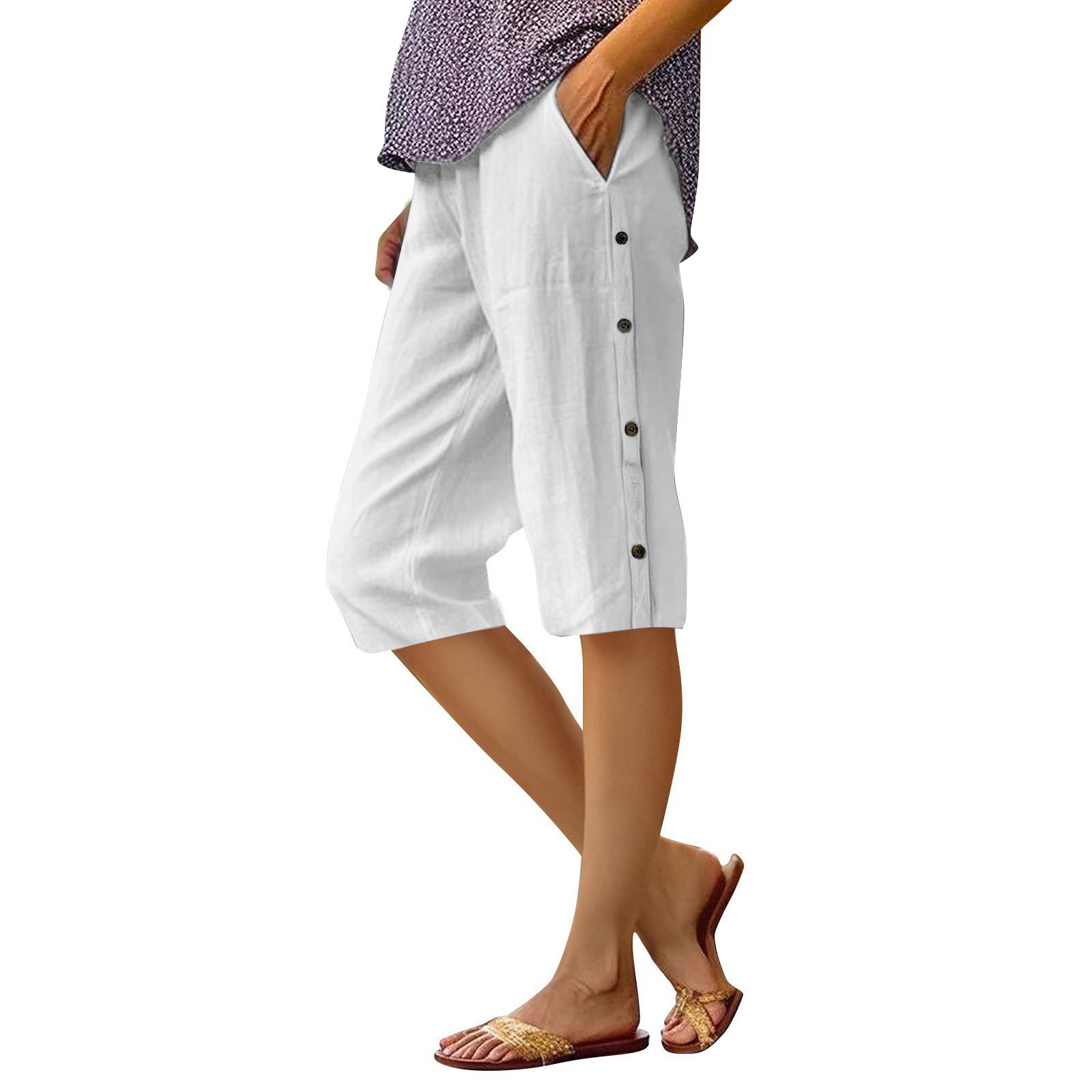 Cotton-Linen Cropped Pants with Side Button Detail and Pockets