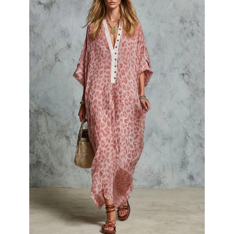 Women's Casual Loose V-Neck Long Leopard Print Dress