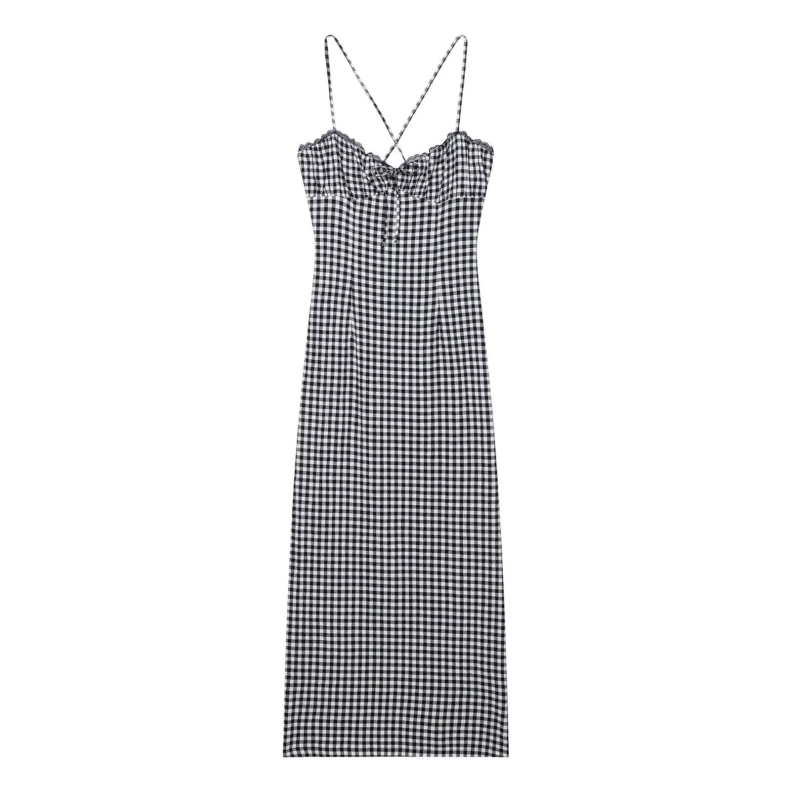 Slim-Fit V-Neck Plaid Midi Dress
