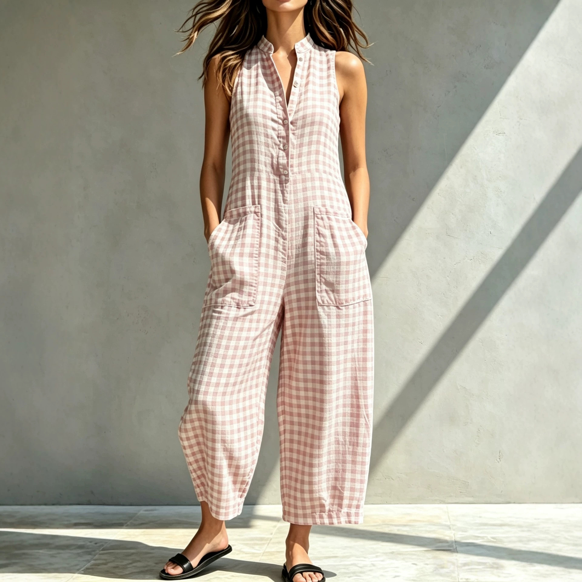 Women's Sleeveless Stand Collar Pocket Jumpsuit
