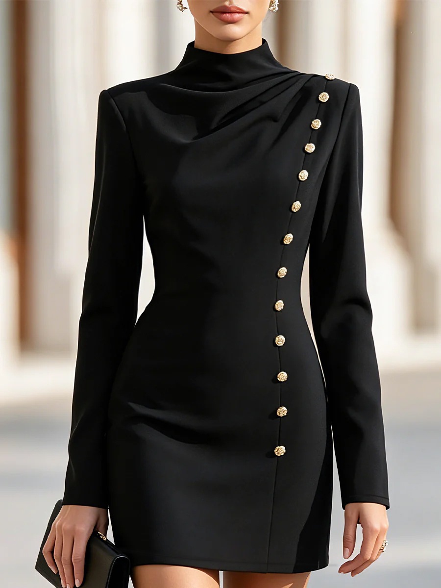 Mock Neck Ruched Bodycon Mini Dress with Metal Buttons Long Sleeve