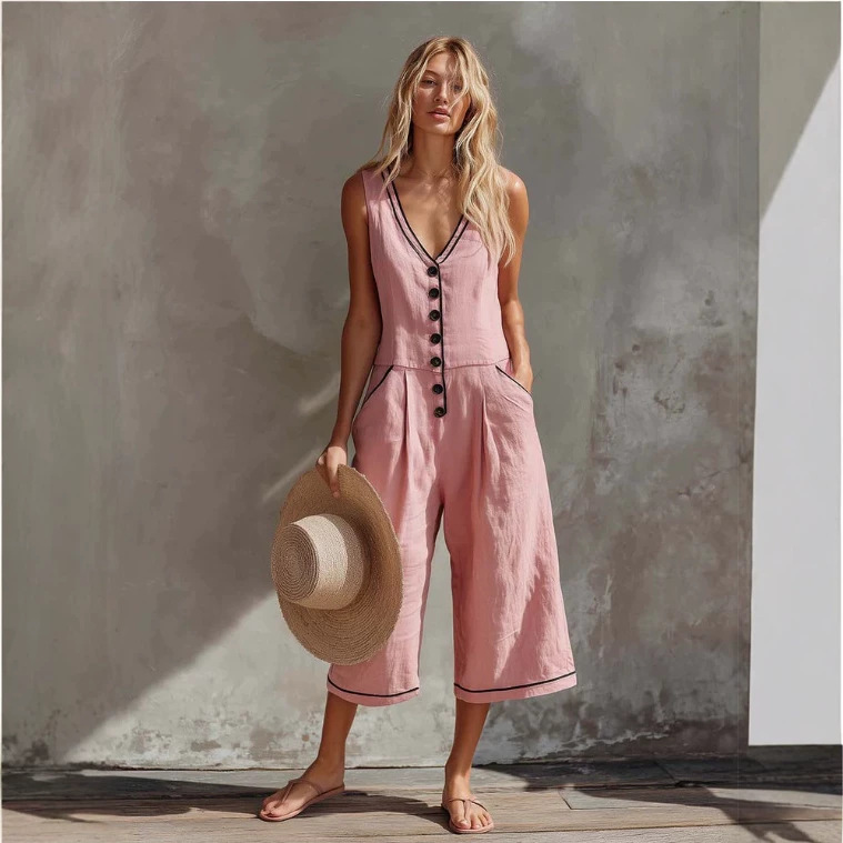 Colorblock V-Neck Sleeveless Wide-Leg Jumpsuit