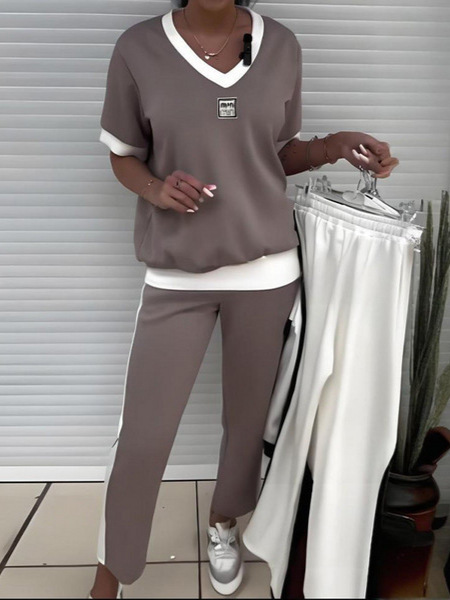 Women's Casual Solid V-Neck Two-Piece Tracksuit Set