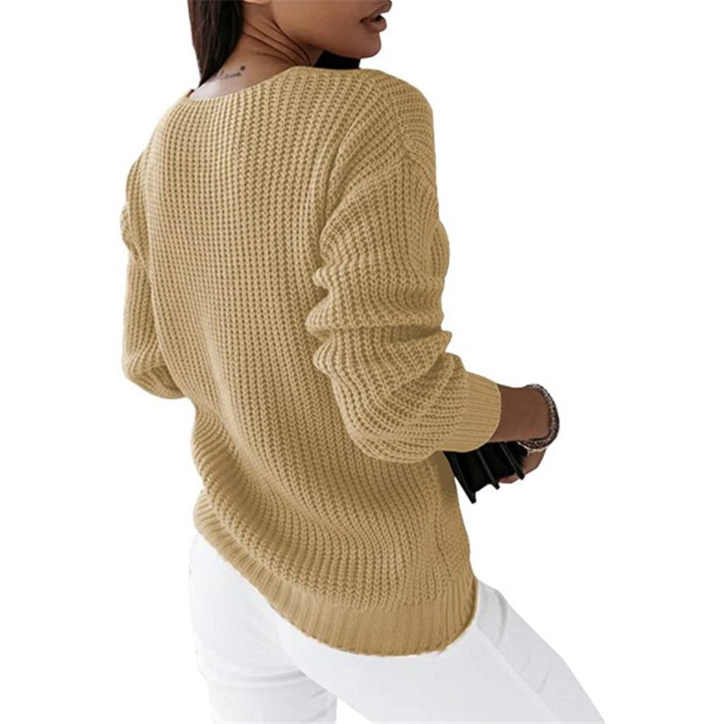 Women's V-Neck Cable Knit Pullover Sweater Long Sleeve Solid Color