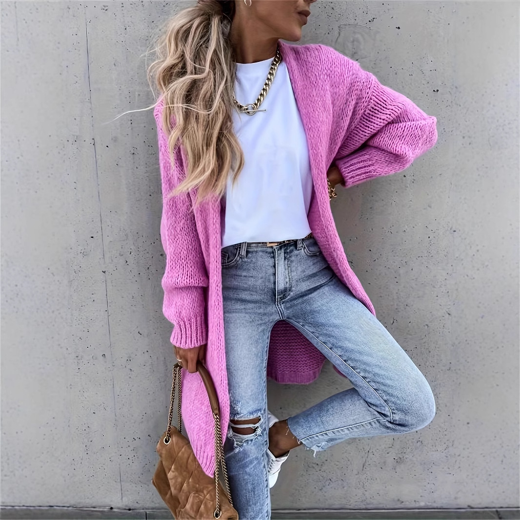 Women's Loose Solid Color Long Sleeve Knit Cardigan Sweater Coat