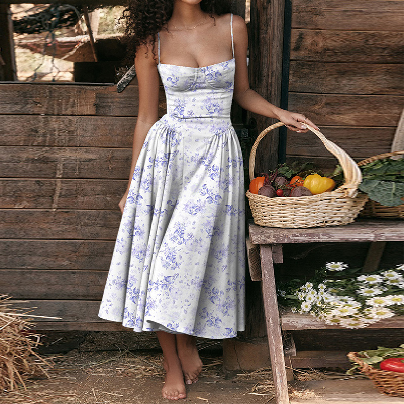 Women's Sleeveless Spaghetti Strap French Dress with Waist