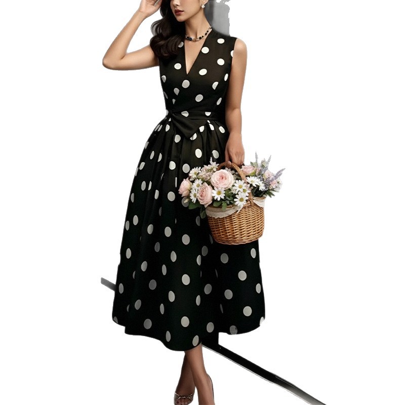 French Vintage Polka Dot High-Waist A-Line Midi Dress