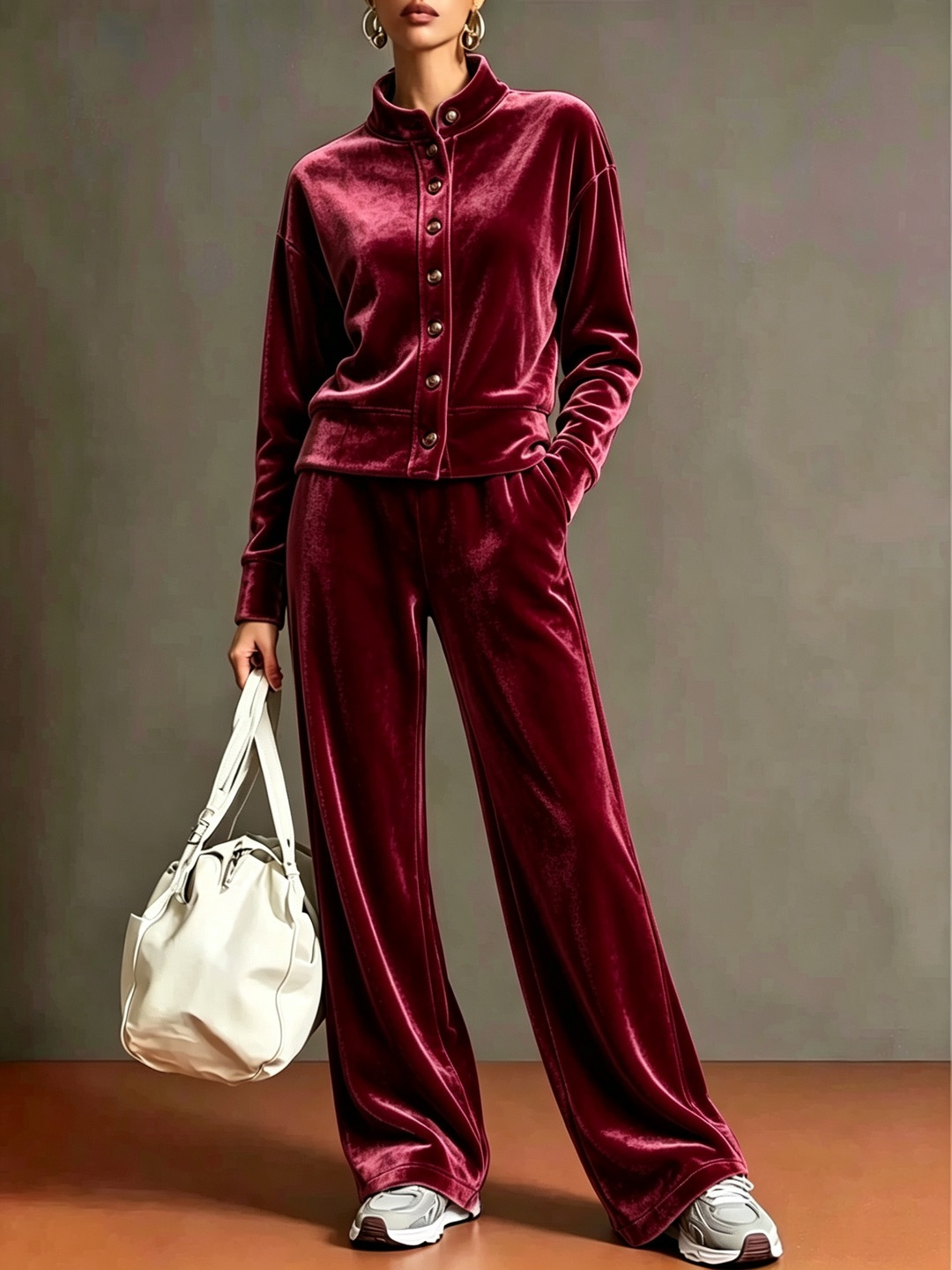Women's Velvet Stand-Collar Cardigan Hoodie & Wide-Leg Pants Set