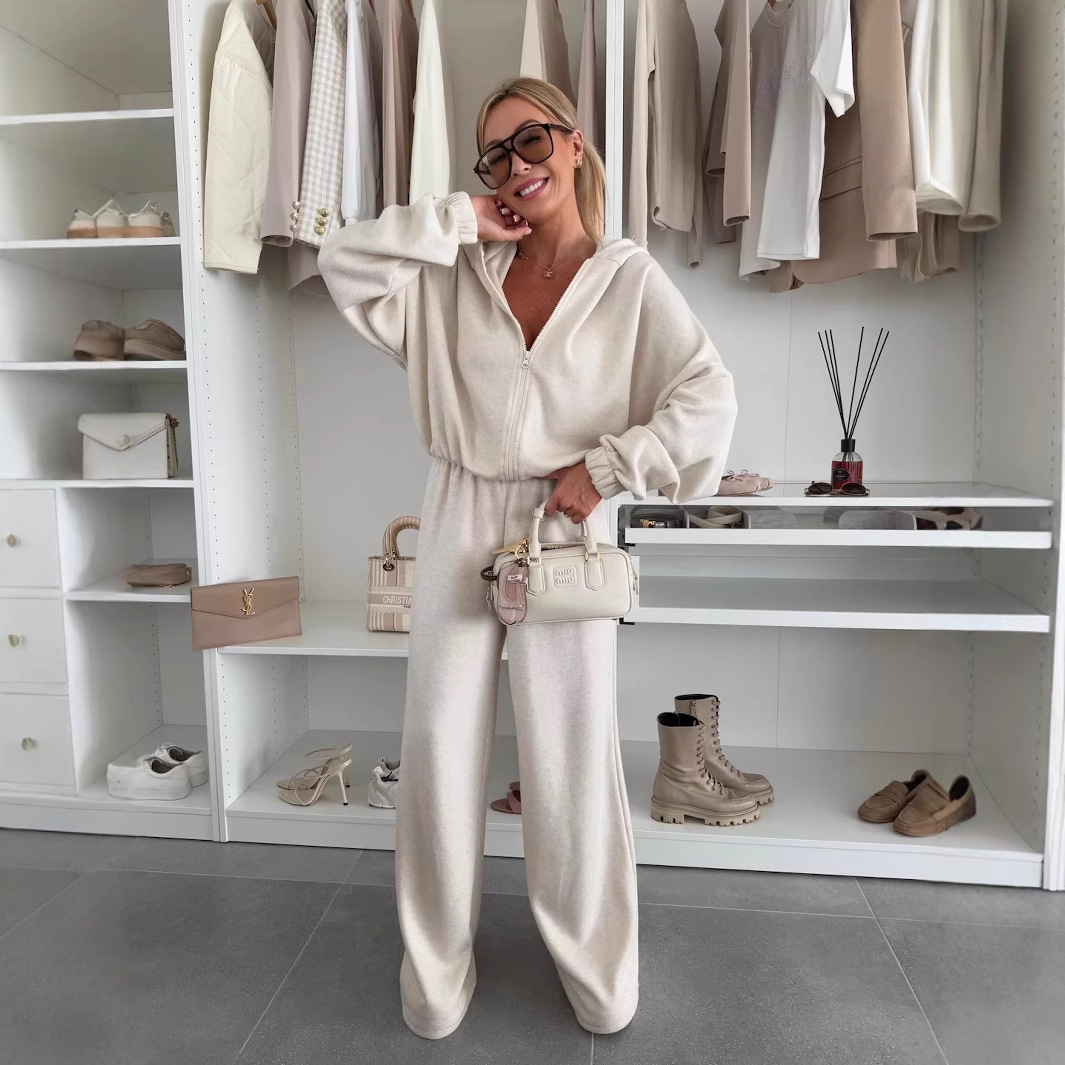 Women's Long Sleeve Hooded Zip Cardigan Sweatshirt and Elastic Waist Pants Two-Piece Set