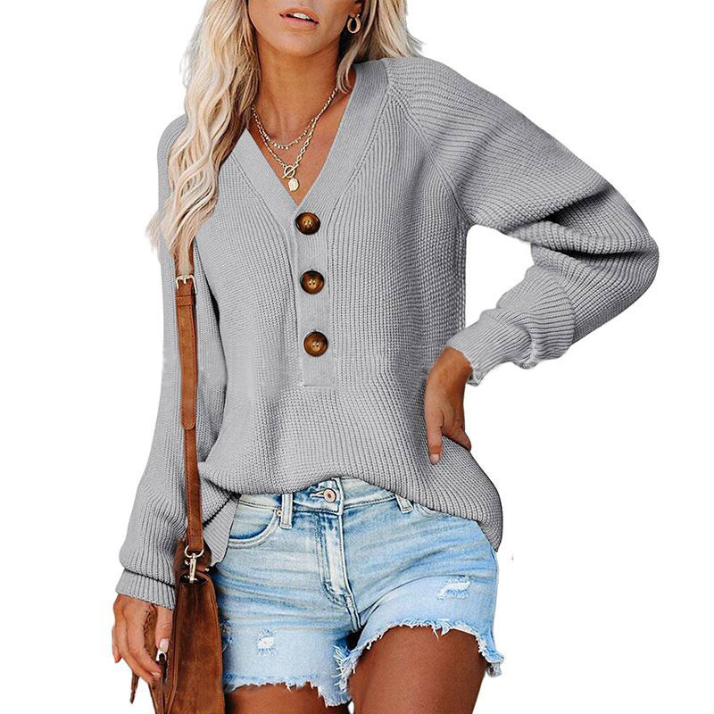 Button-Front V-Neck Knit Sweater for Women, Cotton Blend, Loose Fit, Long Sleeve