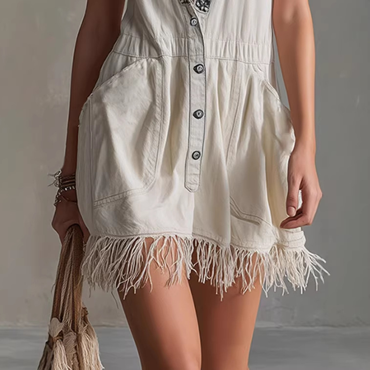 Embroidered Off-White Cotton-Linen Fringe Sleeveless Mini Dress