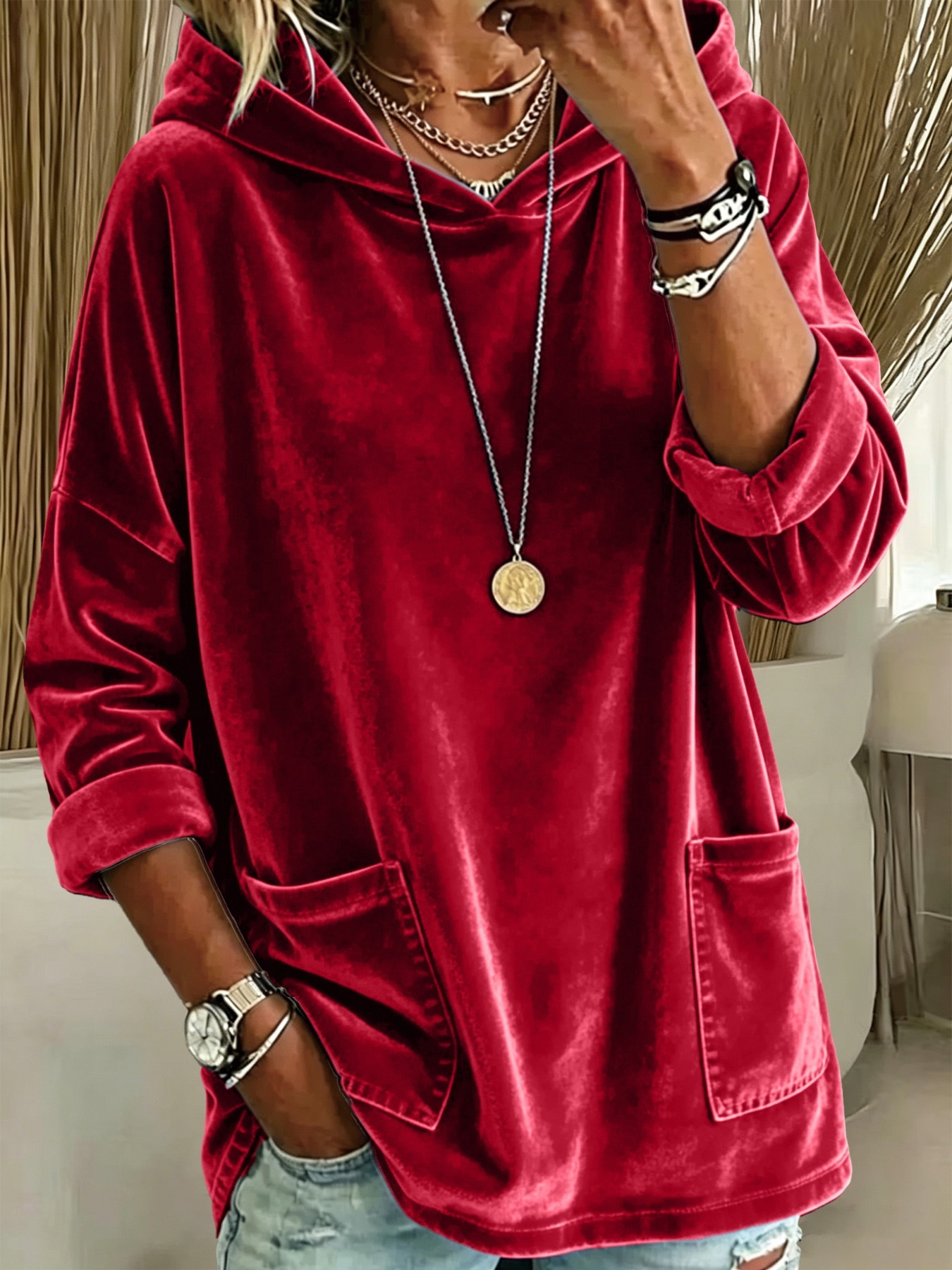Casual Hooded Loose Fleece Solid Color Long Sleeve Pullover Sweatshirt for Women