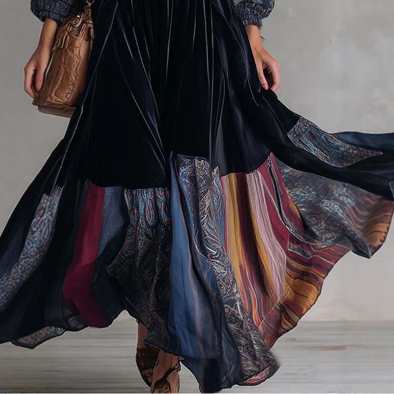 Vintage Floral Print V-Neck Long Dress