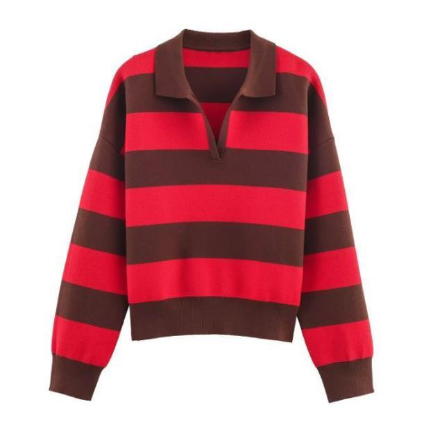 Women's Casual Loose Striped Polo Shirt Long Sleeve