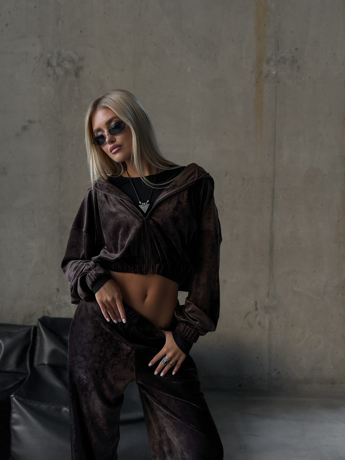 Velvet Hooded Cardigan & Straight-Leg Pants Two-Piece Set