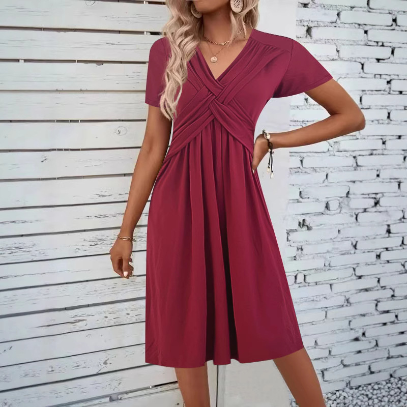 Women's Summer Short Sleeve Midi Dress Cross Pleated V-Neck A-Line